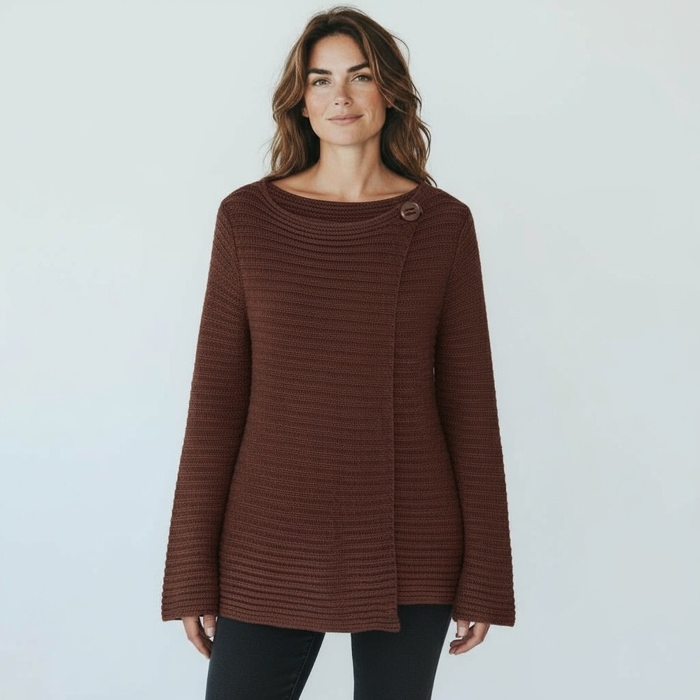Adrienne Vittadini Women Brown Ribbed Asymmetrical Button‎ Knit Cardigan Size XL